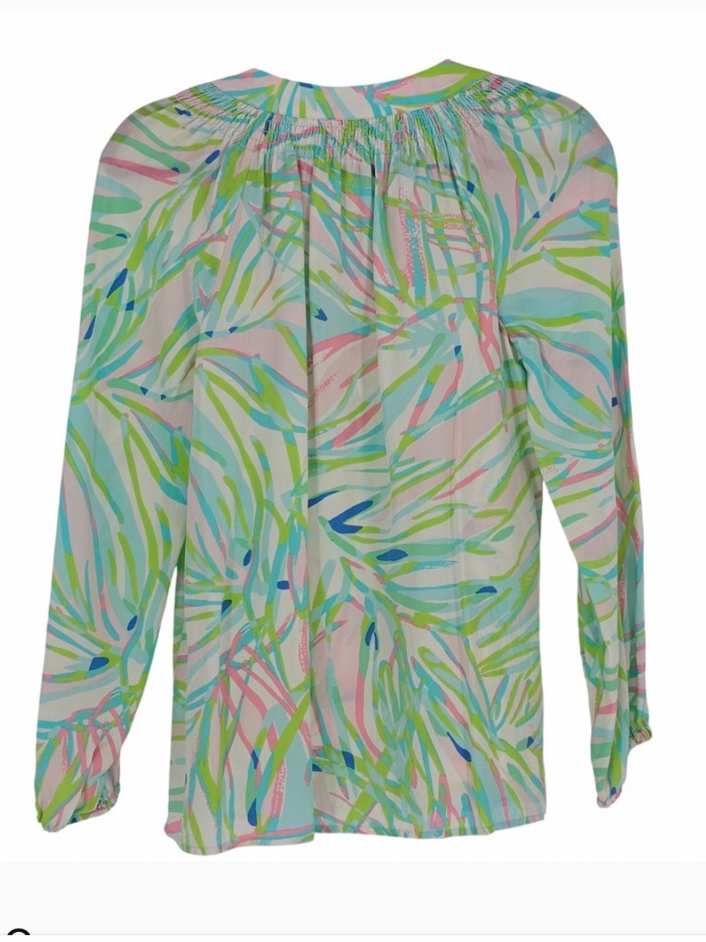 Lilly Pulitzer Elsa Silk Tunic Med Pink Blue Abstract Palm Smocked Button Resort - Picture 2 of 8